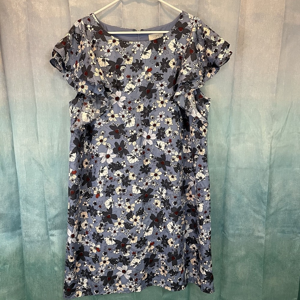 LOFT OUTLET Women's Blue White Floral Mini Shift Dress Ruffle Flutter Sleeve XL